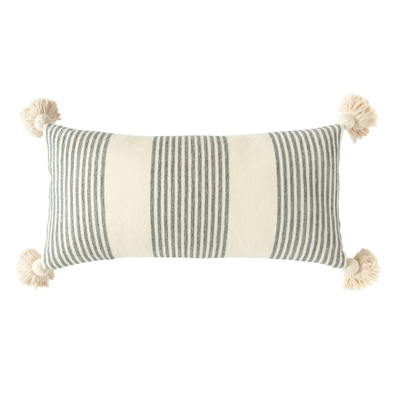 Cream Cotton & Chenille Pillow with Vertical Grey Stripes, Tassels & Solid Cream Back