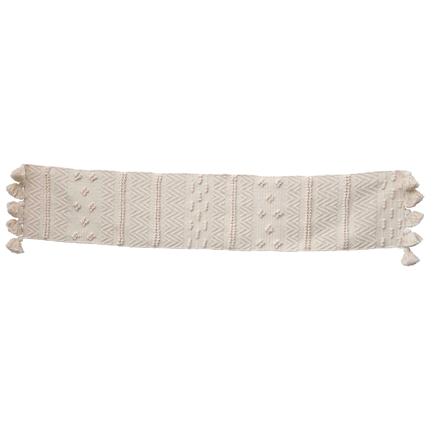 72" Woven Cotton Textured Table Runner with Pom Poms & Tassels