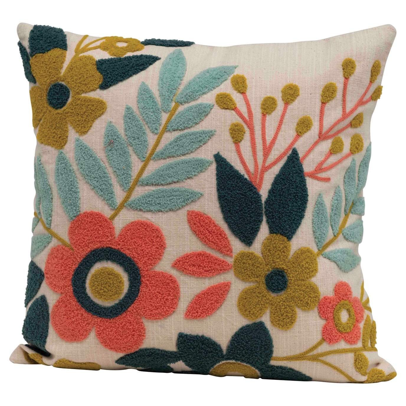 Square Floral Embroidered Cotton Pillow