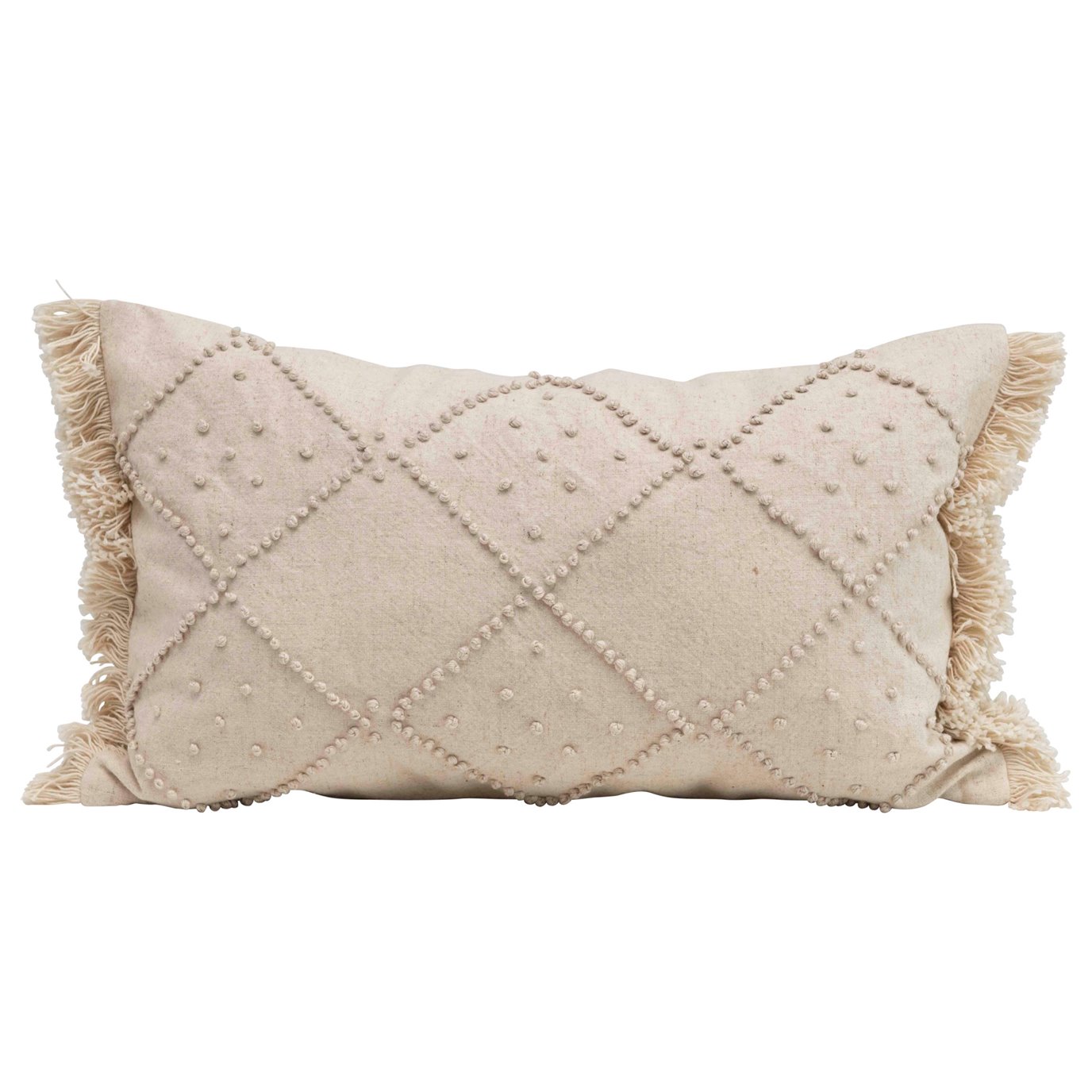 Rectangle Cotton & Linen Lumbar Pillow with Diamond Design & Fringed Ends