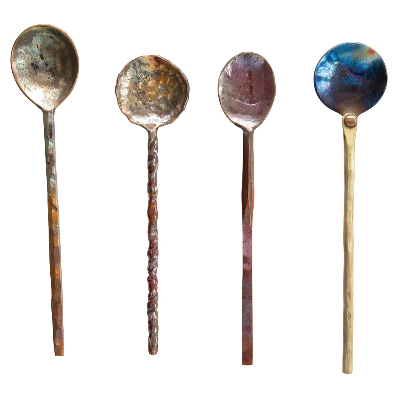 Hand-Forged Copper Spoons with Burnt Finish (Set of 4 Sizes in Drawstring Bag/Each one will vary)
