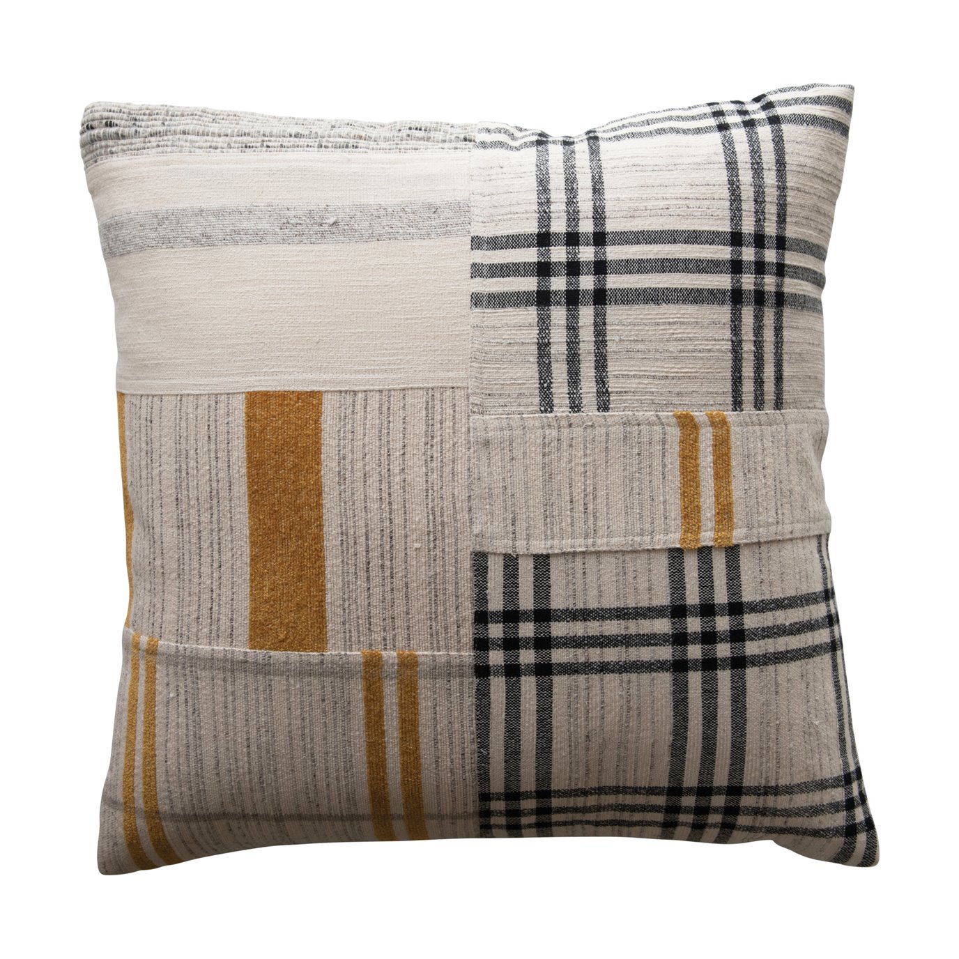 Square Patchwork Black & Mustard Woven Cotton & Wool Pillow