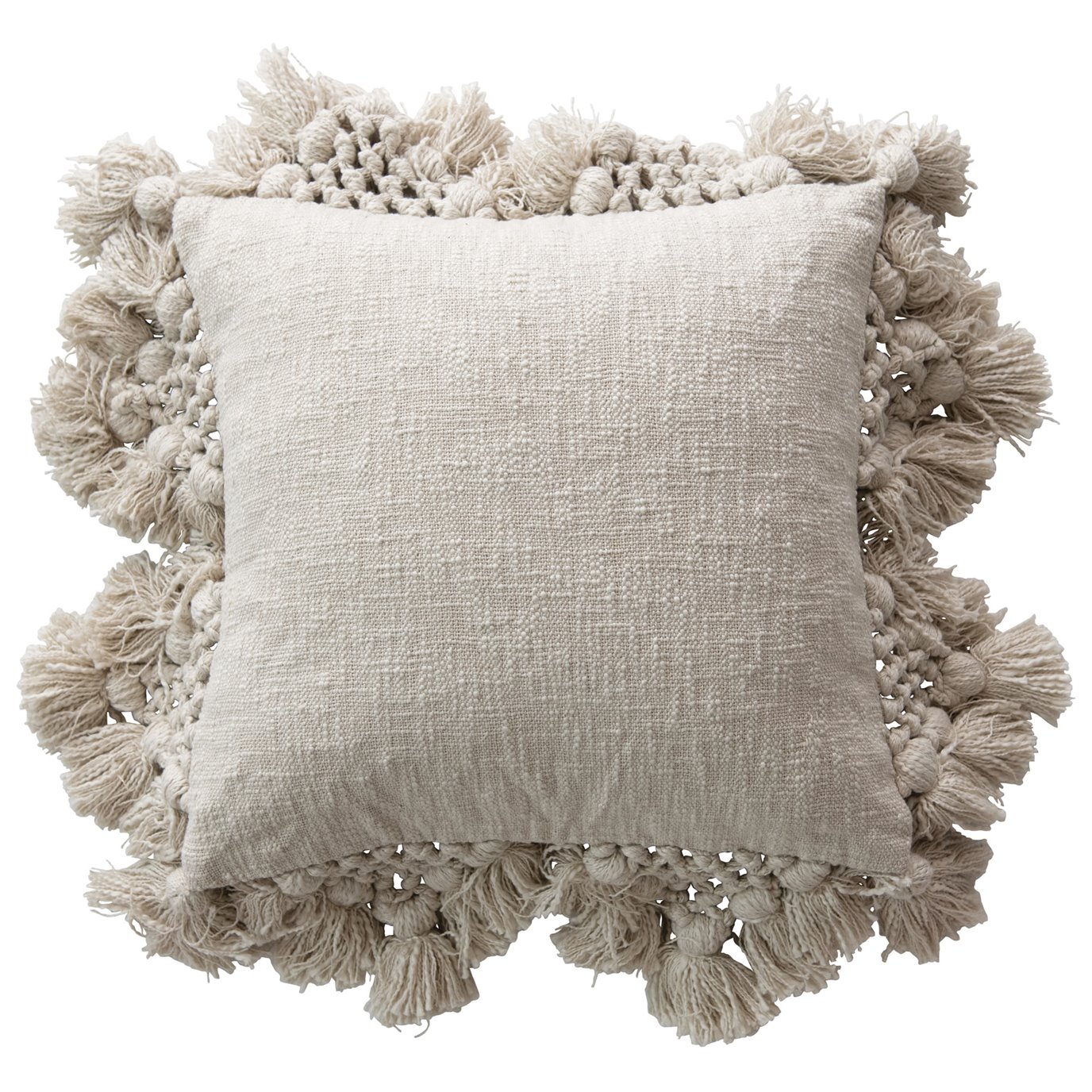 Square Crochet & Tassels Grey Cotton Slub Pillow