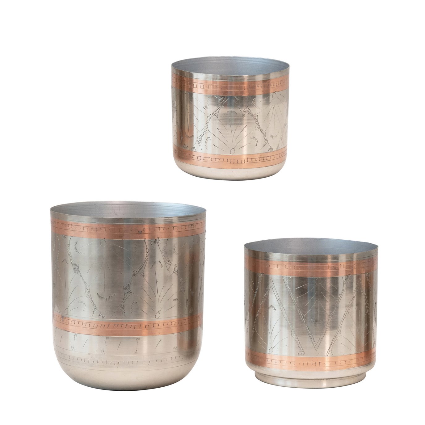 Engraved Metal Planters, Nickel Finish with Copper, Set of 3 (Holds 6", 5" & 4" Pots)