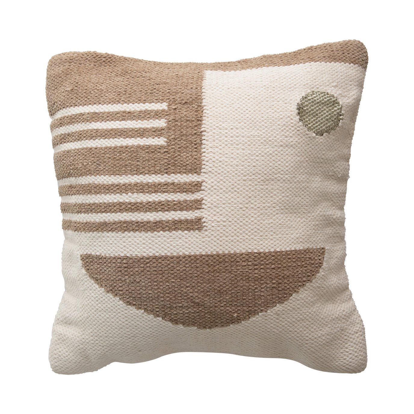 Square Cream & Tan w/ Gold Geometric Pattern Woven Cotton & Wool Pillow
