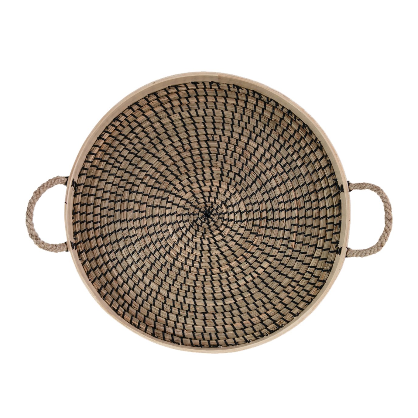 Decorative Seagrass and Bamboo Natural and Black Tray with Rope Handles