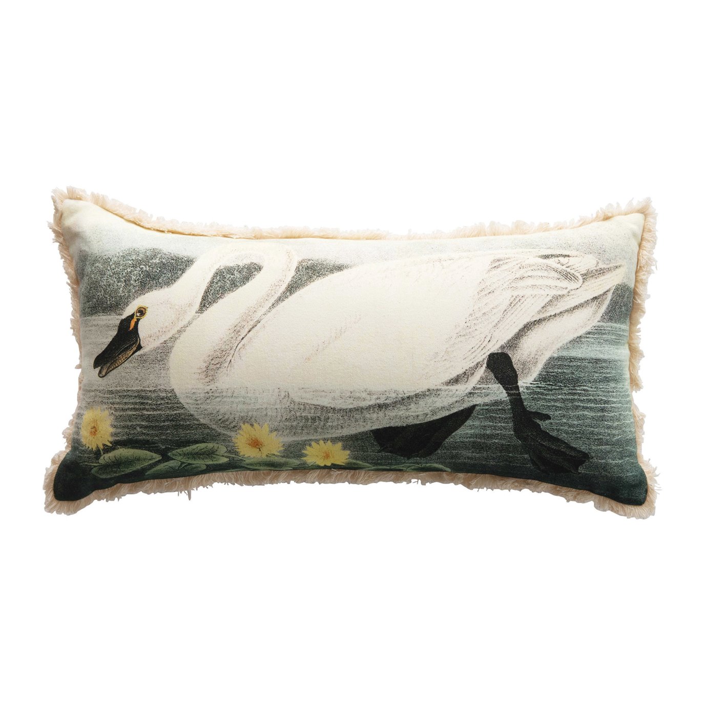 Cotton Lumbar Pillow with Vintage Reproduction Swan & Flowers Image, Multi Color