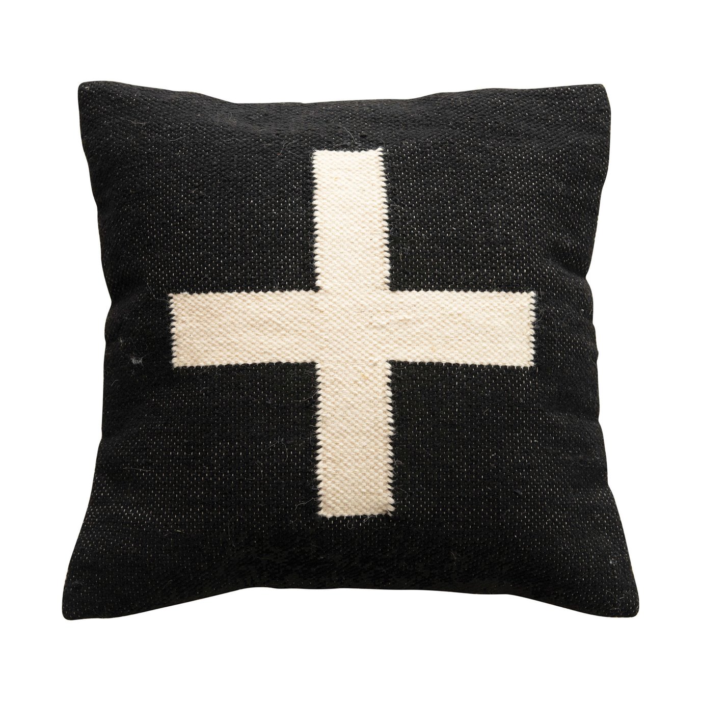 Wool Blend Pillow with Swiss Cross, Black & Cream Color