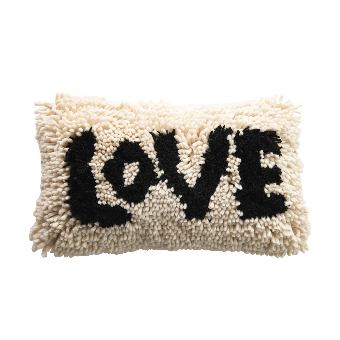 Woven Wool Shag Lumbar Pillow "Love", Black & Cream Color