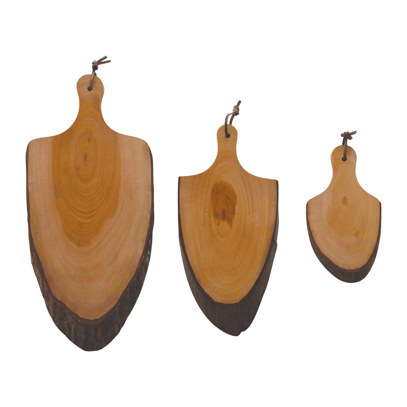 Mahogany Wood Cheese/Cutting Boards with Raw Edge & Handles, Set of 3 (Each One Will Vary)