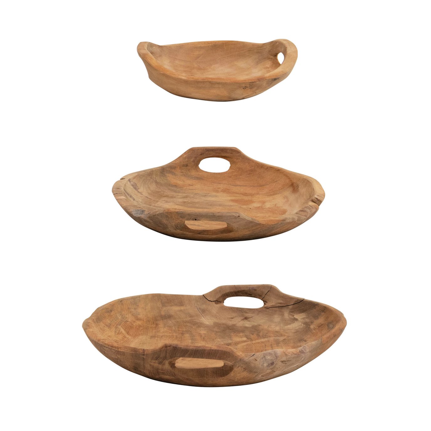 Teak Wood Bowls with Handles, Set of 3 (Each One Will Vary)