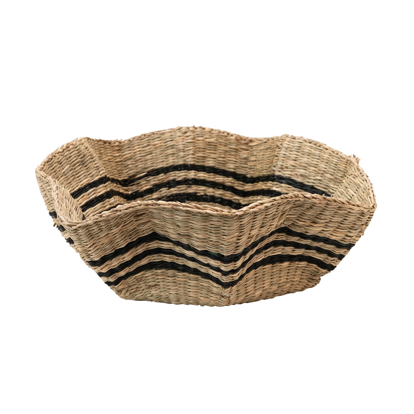 Hand-Woven Scalloped Seagrass Basket with Black Stripes