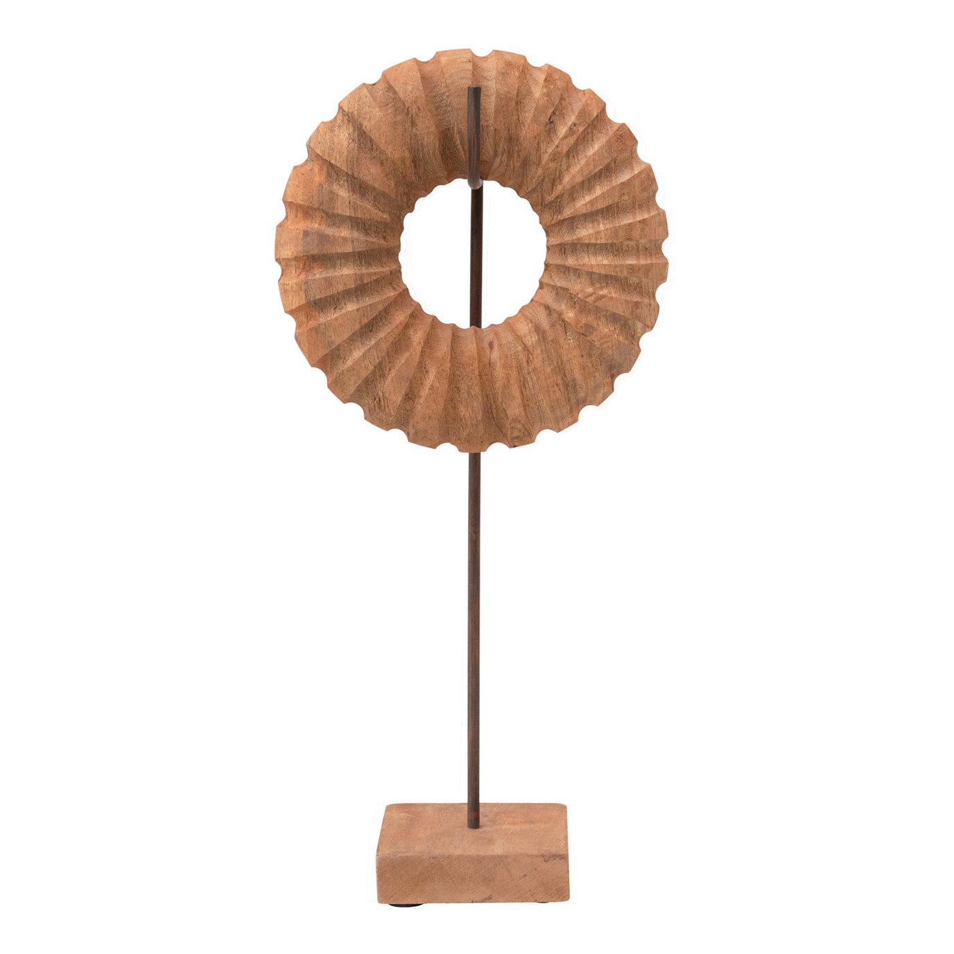 Hand-Carved Mango Wood Circle Object on Metal & Wood Stand, Set of 2