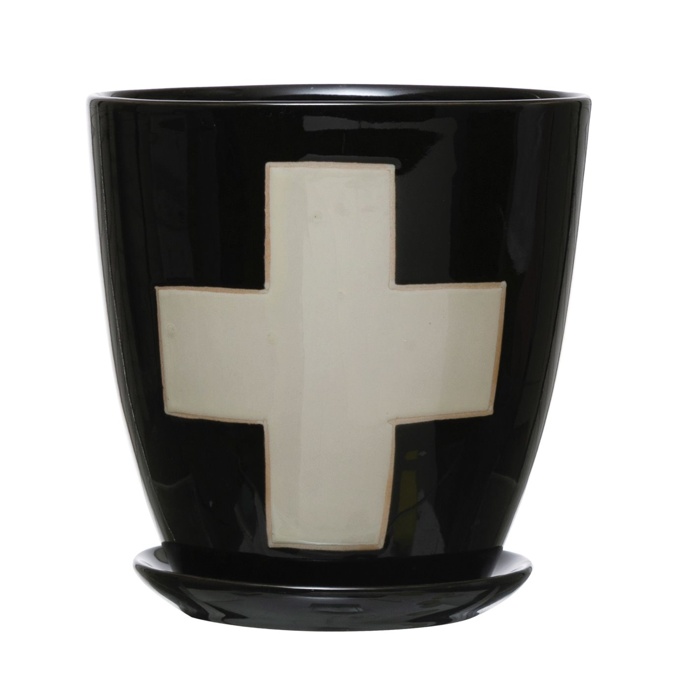 Stoneware Planter with Saucer & Wax Relief White Swiss Cross, Black, Set of 2 (Holds 4" Pot) (Each One Will Vary)