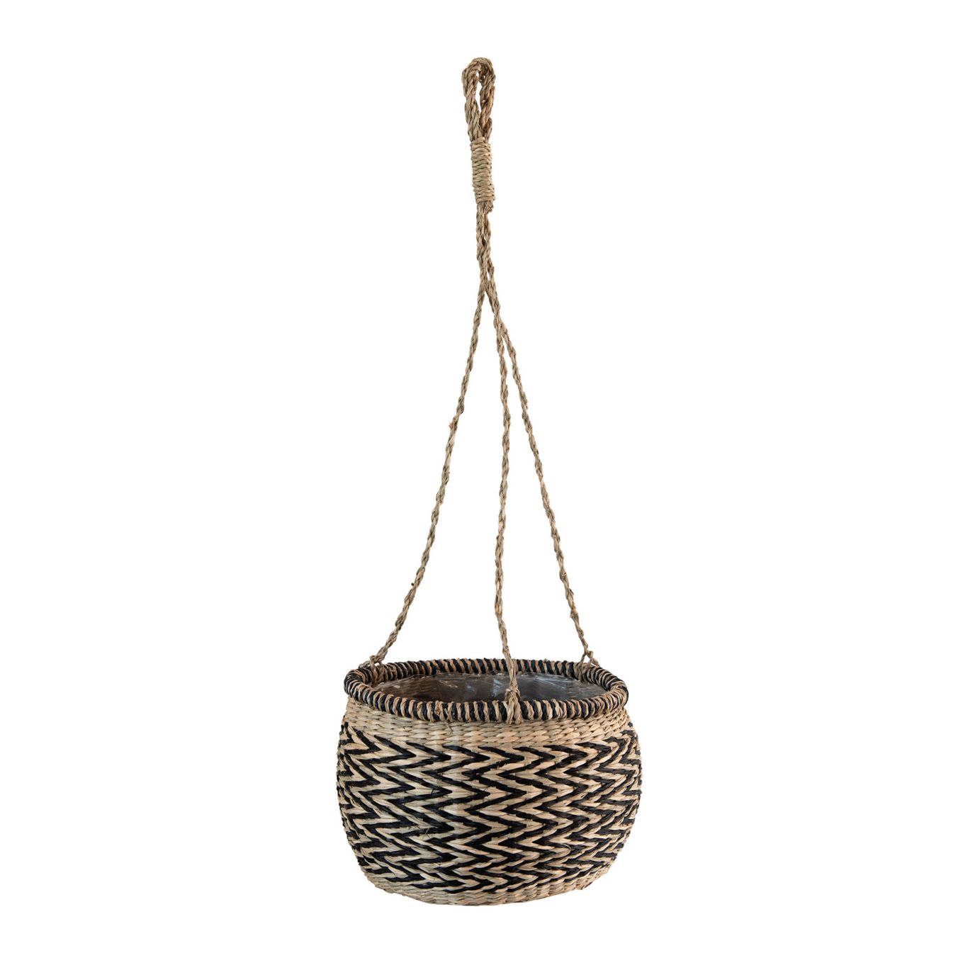 Hand-Woven Hanging Seagrass Basket Planter with Plastic Lining, Natural & Black (Holds 7" Pot)