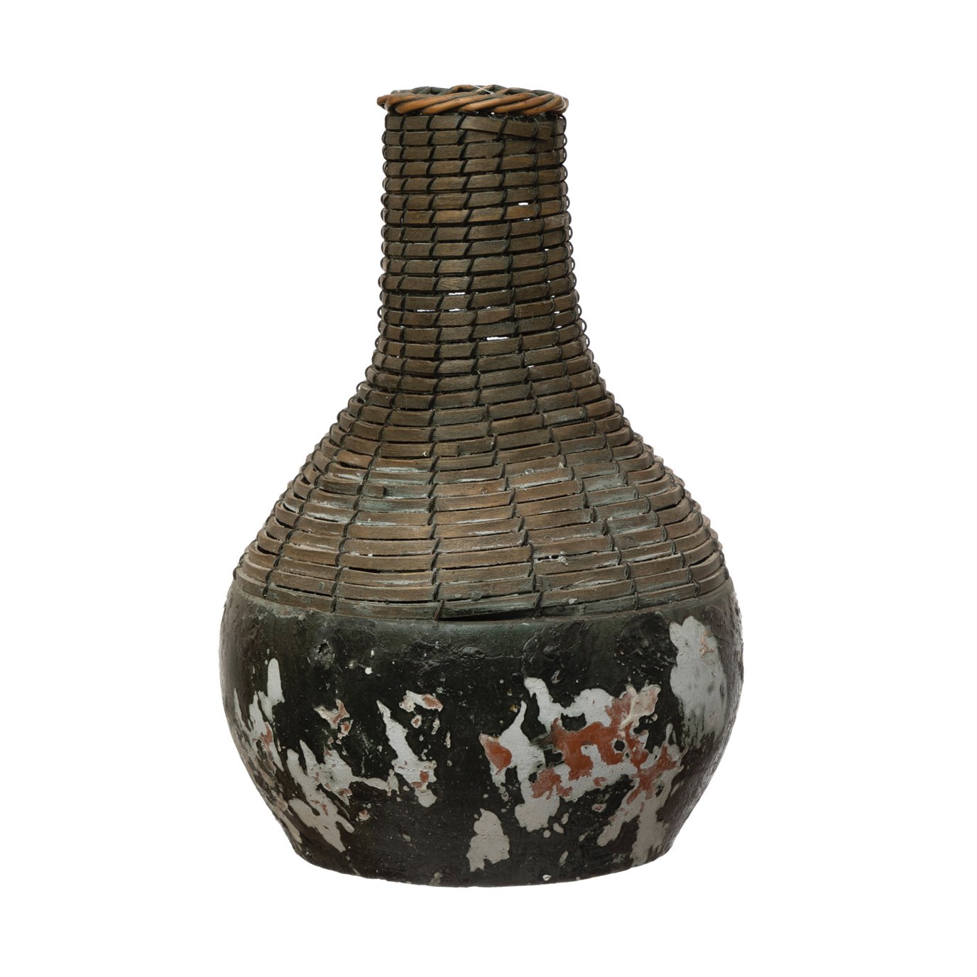 Hand-Woven Rattan & Clay Vase, Distressed Black (Each One Will Vary)