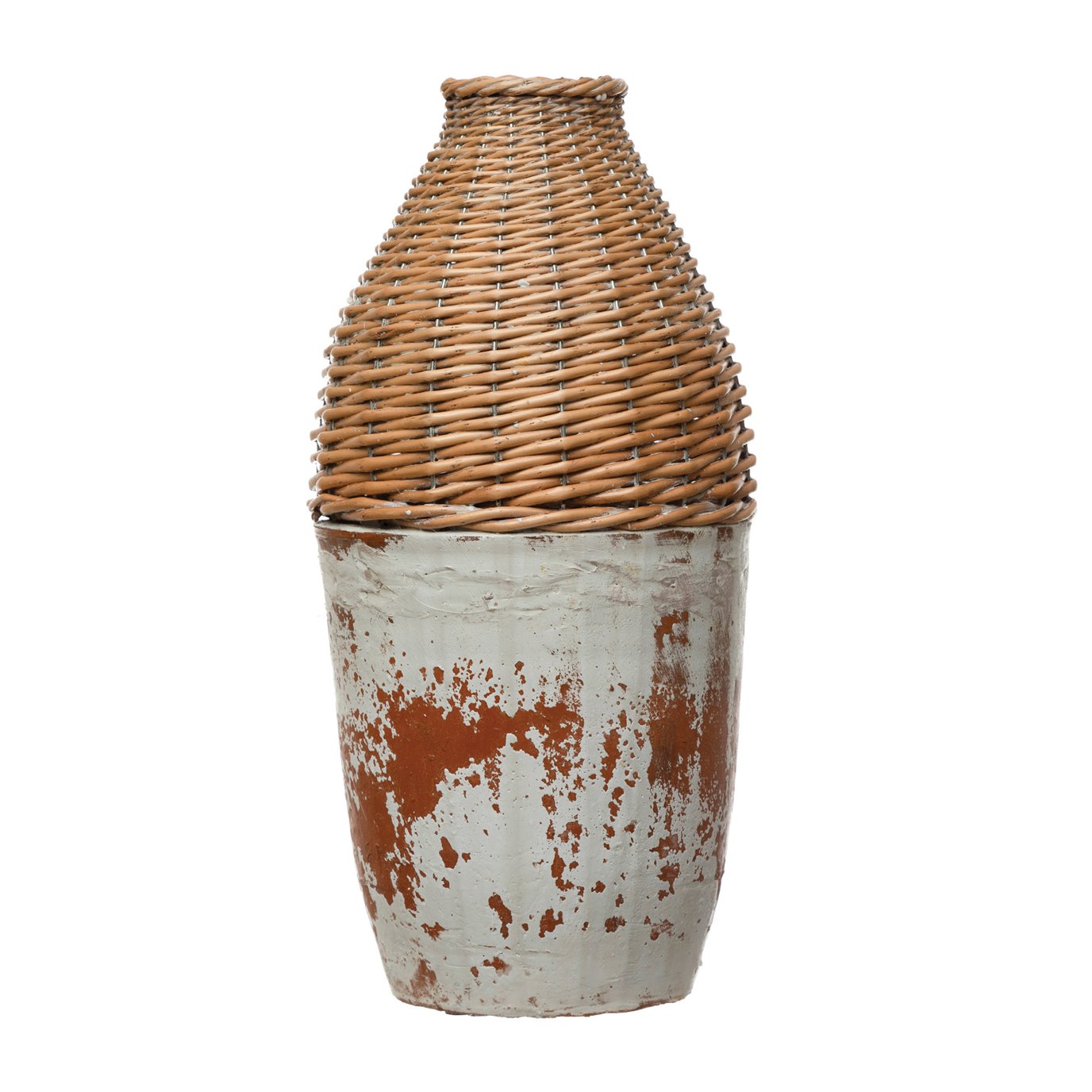Hand-Woven Rattan & Clay Vase, Distressed White (Each One Will Vary)