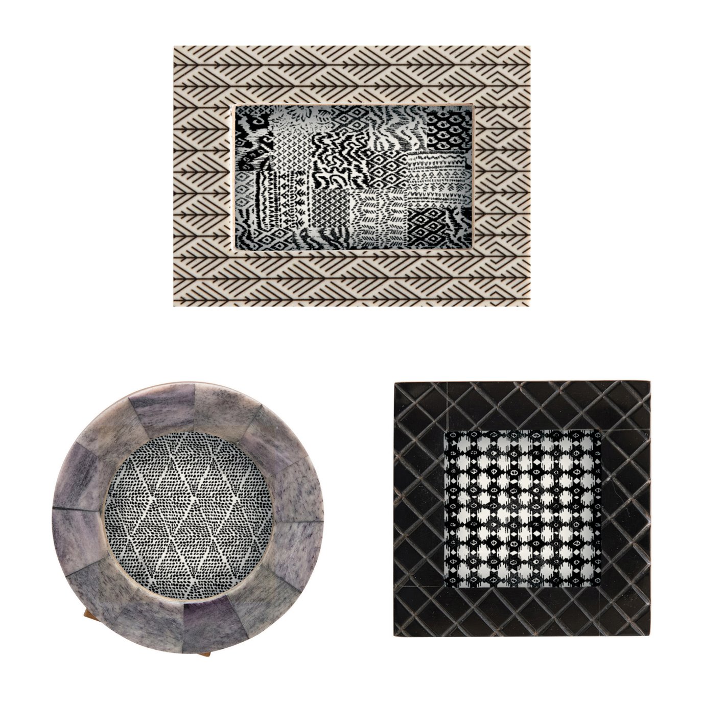 Resin & Bone Photo Frame, Black & Natural, 3 Styles (Holds 2" x 2", 2" x 3" & 2-1/2" Round Photo)