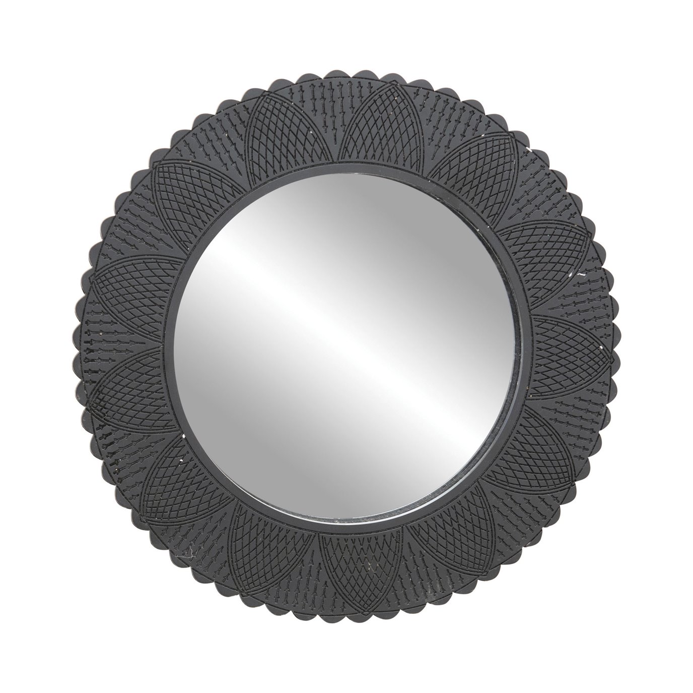 Hand-Carved Resin & MDF Wall Mirror with Cut-Outs & Scalloped Edge, Black (Holds 7" Round Photo)