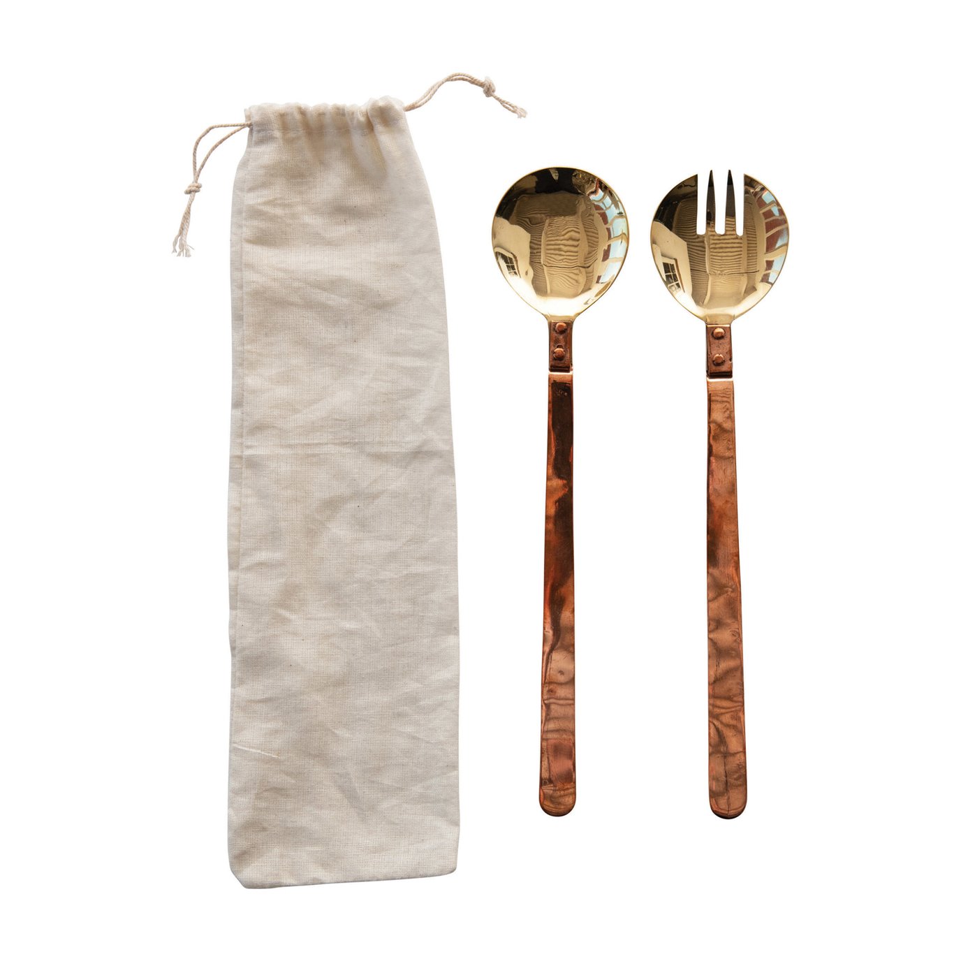 Brass Salad Servers with Copper Handles in Drawstring Bag, Set of 2