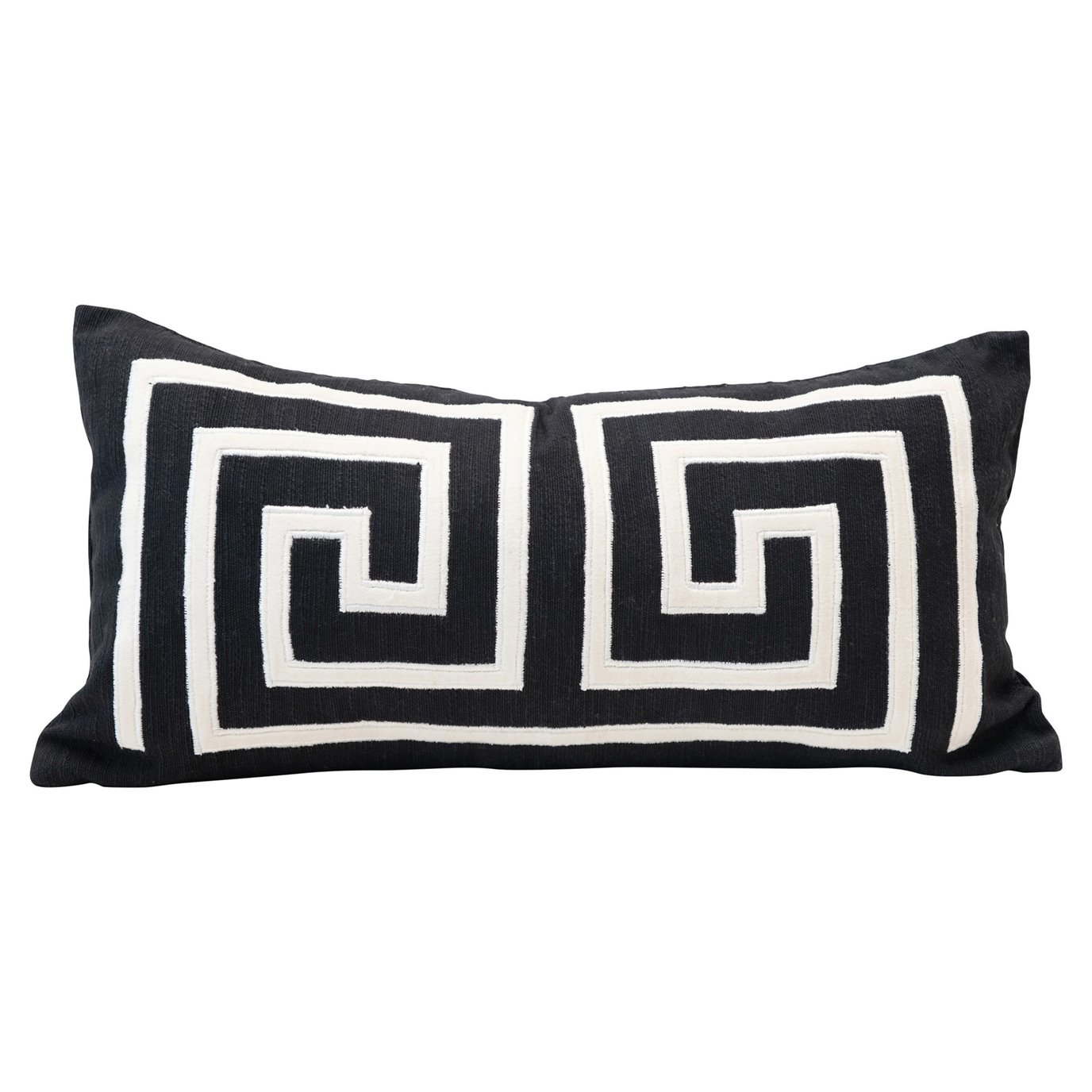 Woven Cotton Lumbar Pillow with Appliqued Design, Black & White