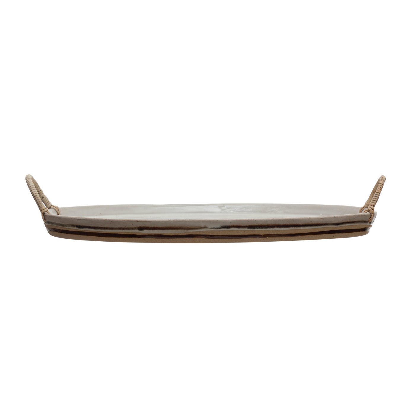 Stoneware Platter with Rattan Wrapped Handles, Reactive Glaze, White & Brown (Each One Will Vary)