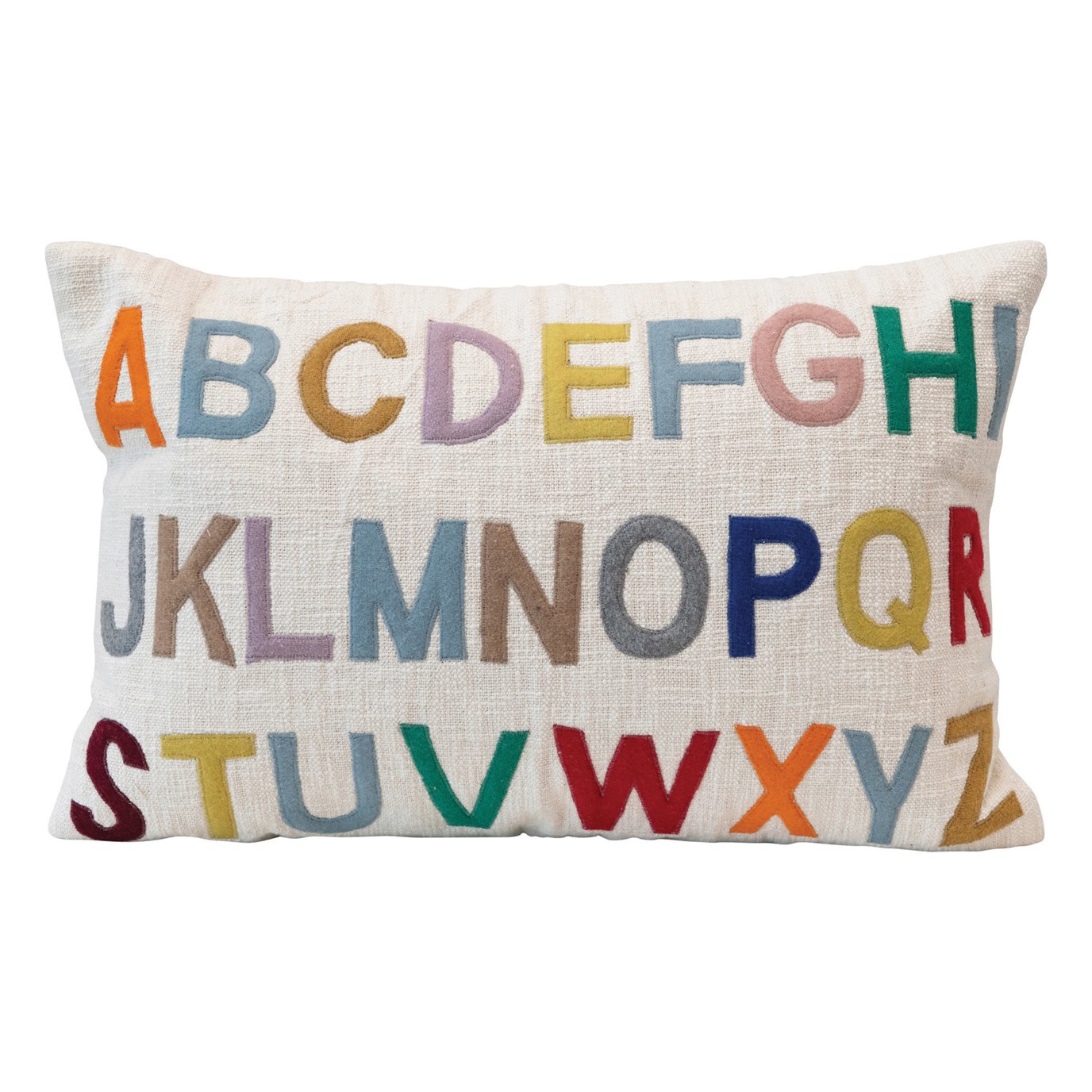 Cotton Lumbar Pillow with Embroidered Alphabet, Multi Color