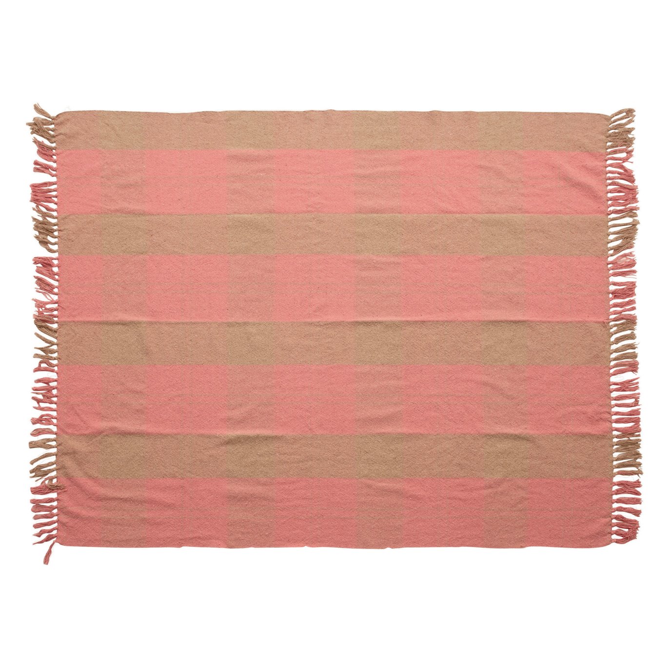 Woven Recycled Cotton Blend Plaid Throw, Pink & Tan Color