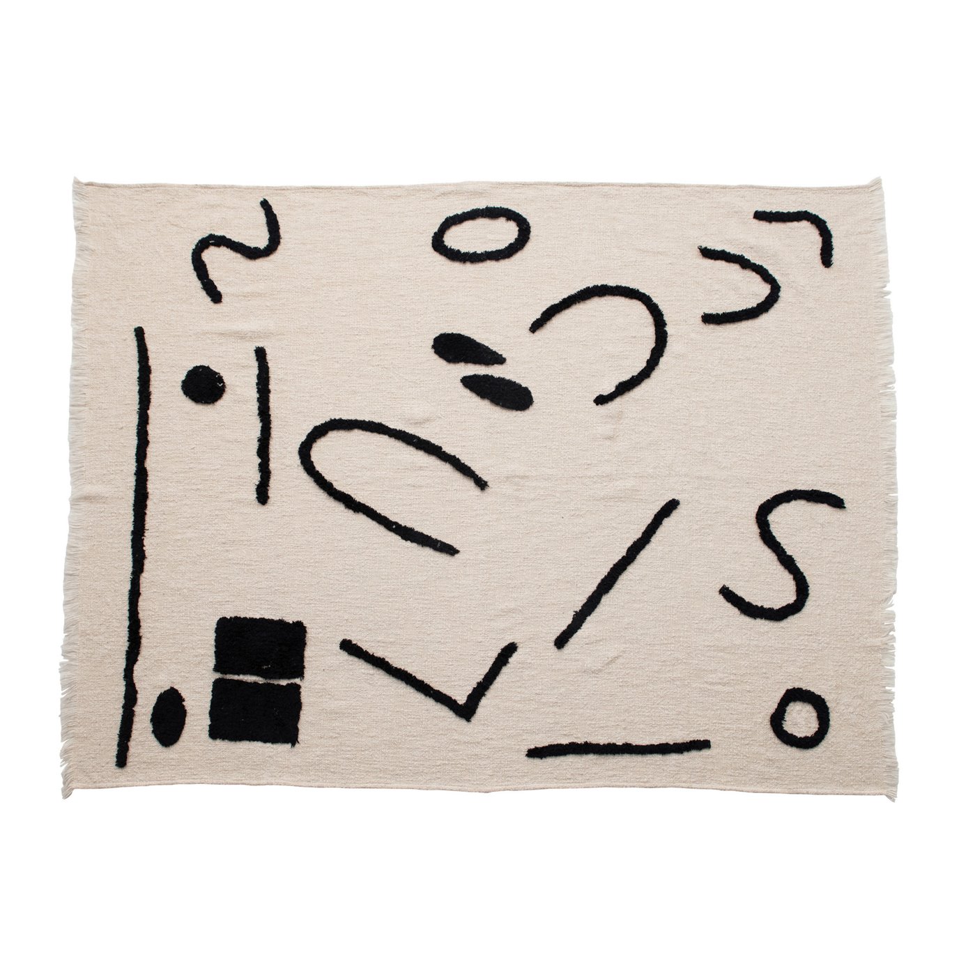 Cotton Blend Throw with Abstract Print & Frayed Edges, Cream Color & Black