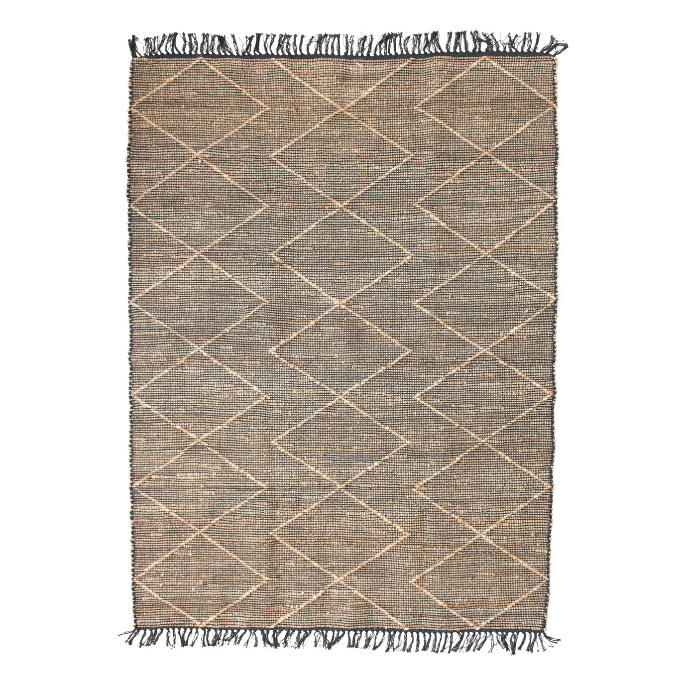 Woven Cotton & Jute Rug with Diamond Pattern & Fringe, Black & Natural