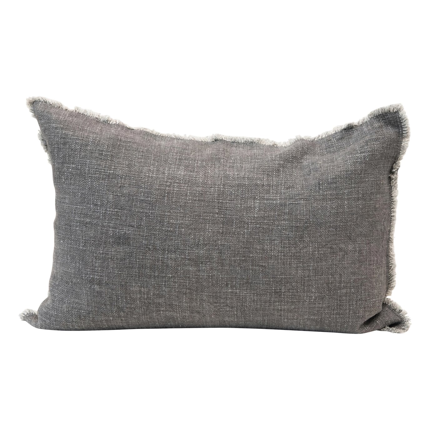 Linen Blend Lumbar Pillow with Frayed Edges, Grey