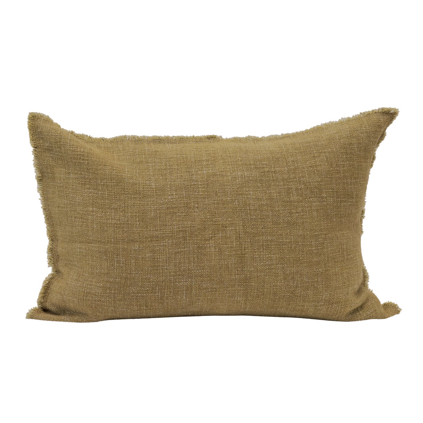 Linen Blend Lumbar Pillow with Frayed Edges, Olive Color
