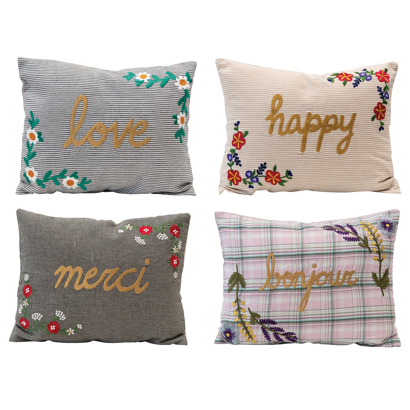 Cotton Embroidered Lumbar Pillow w/ Florals & Metallic Words, 4 Styles