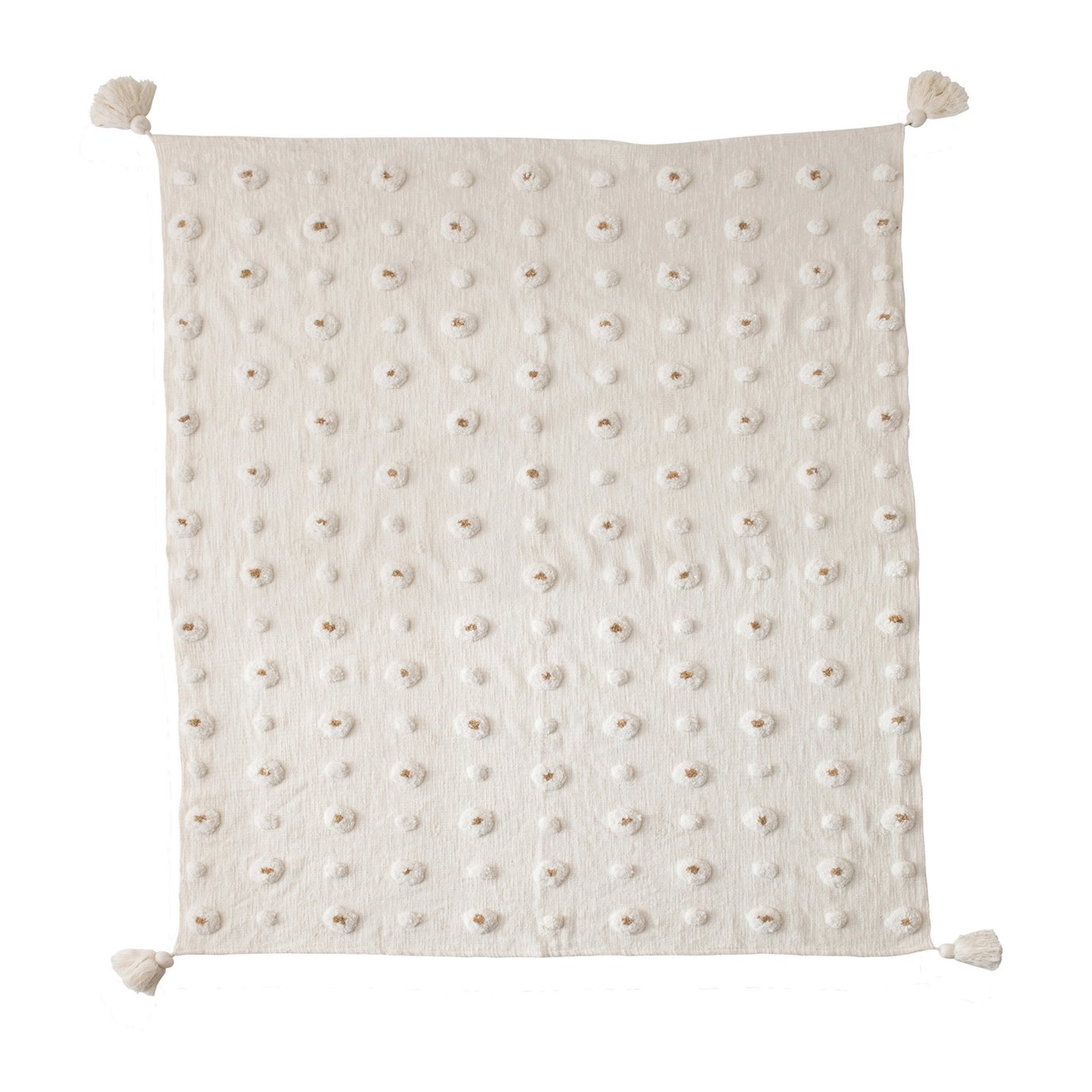 Cotton Tufted Throw with Tassels, White & Gold Color
