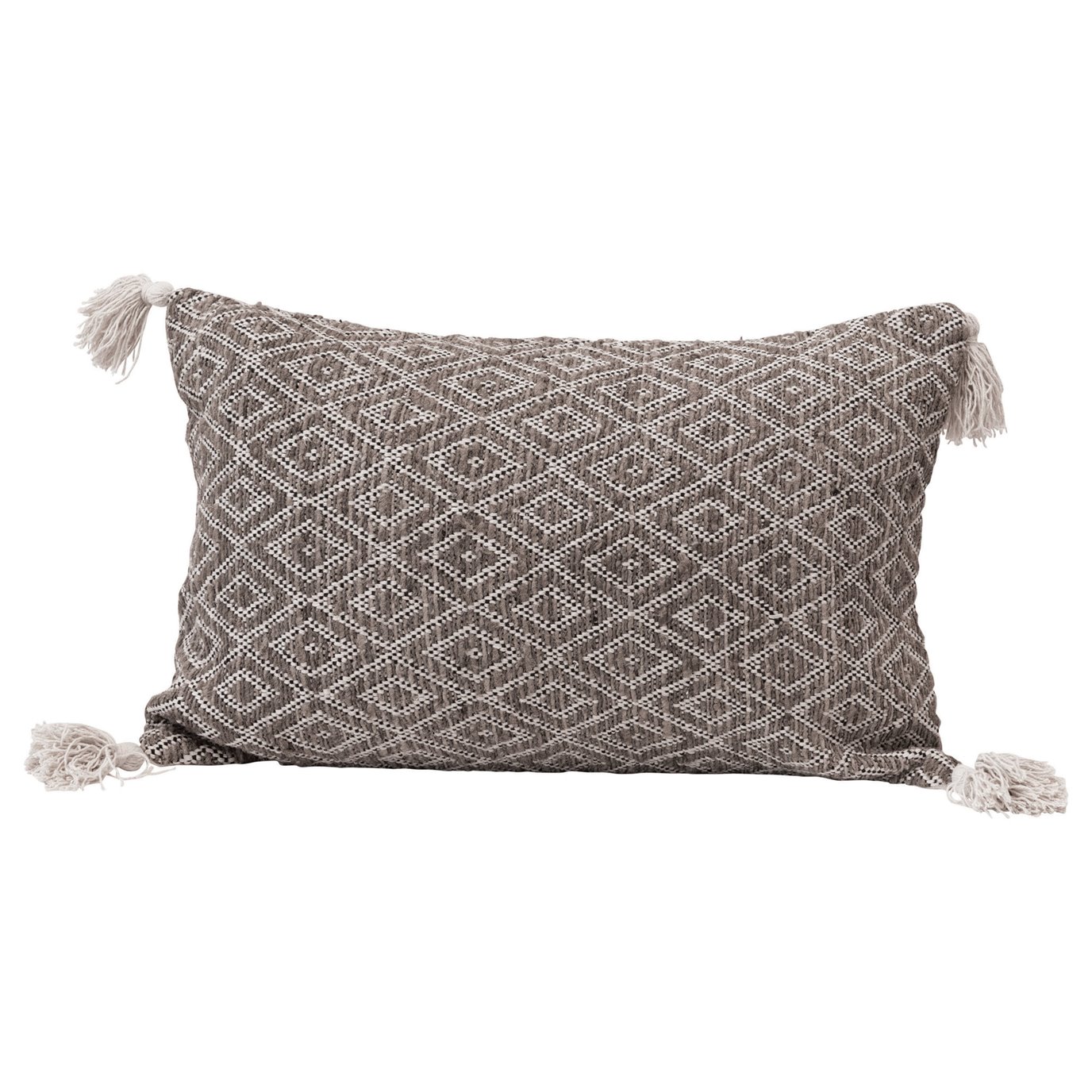 Cotton Woven Lumbar Pillow with Diamond Pattern & Tassels, Black, Cream & Tan Color