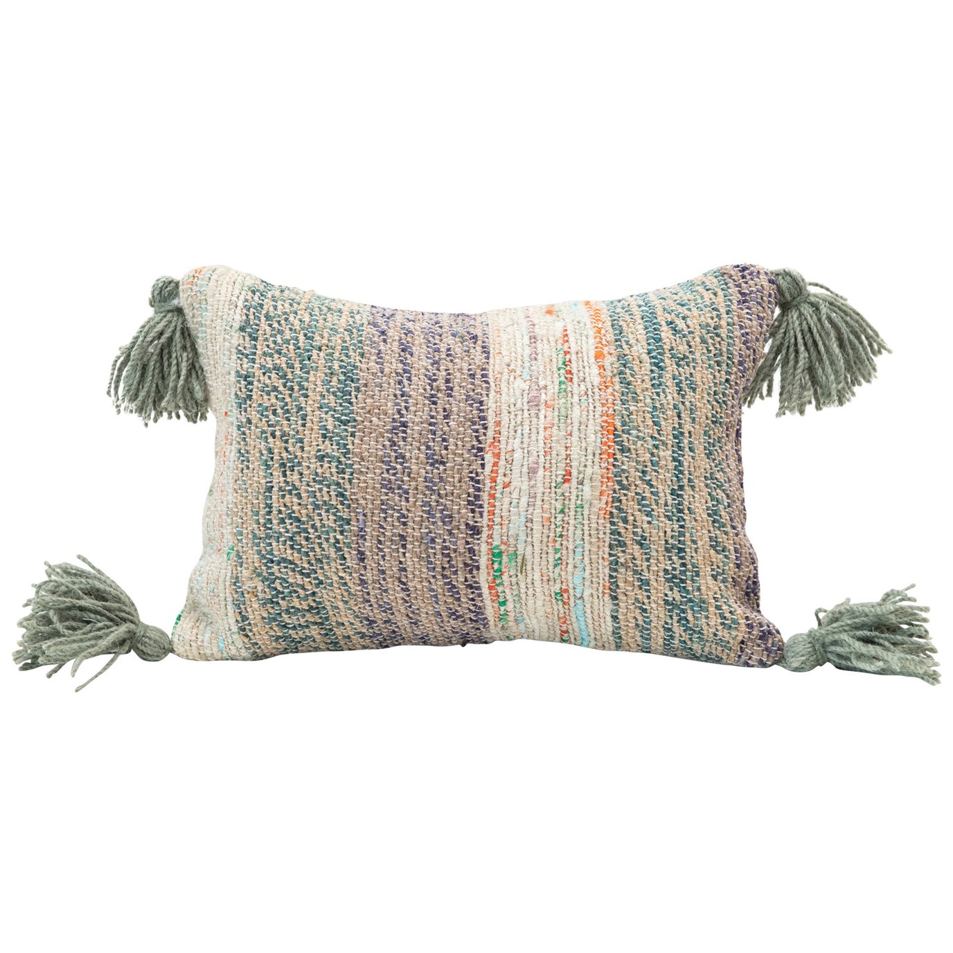 Cotton Woven Lumbar Pillow with Tassels, Multi Color