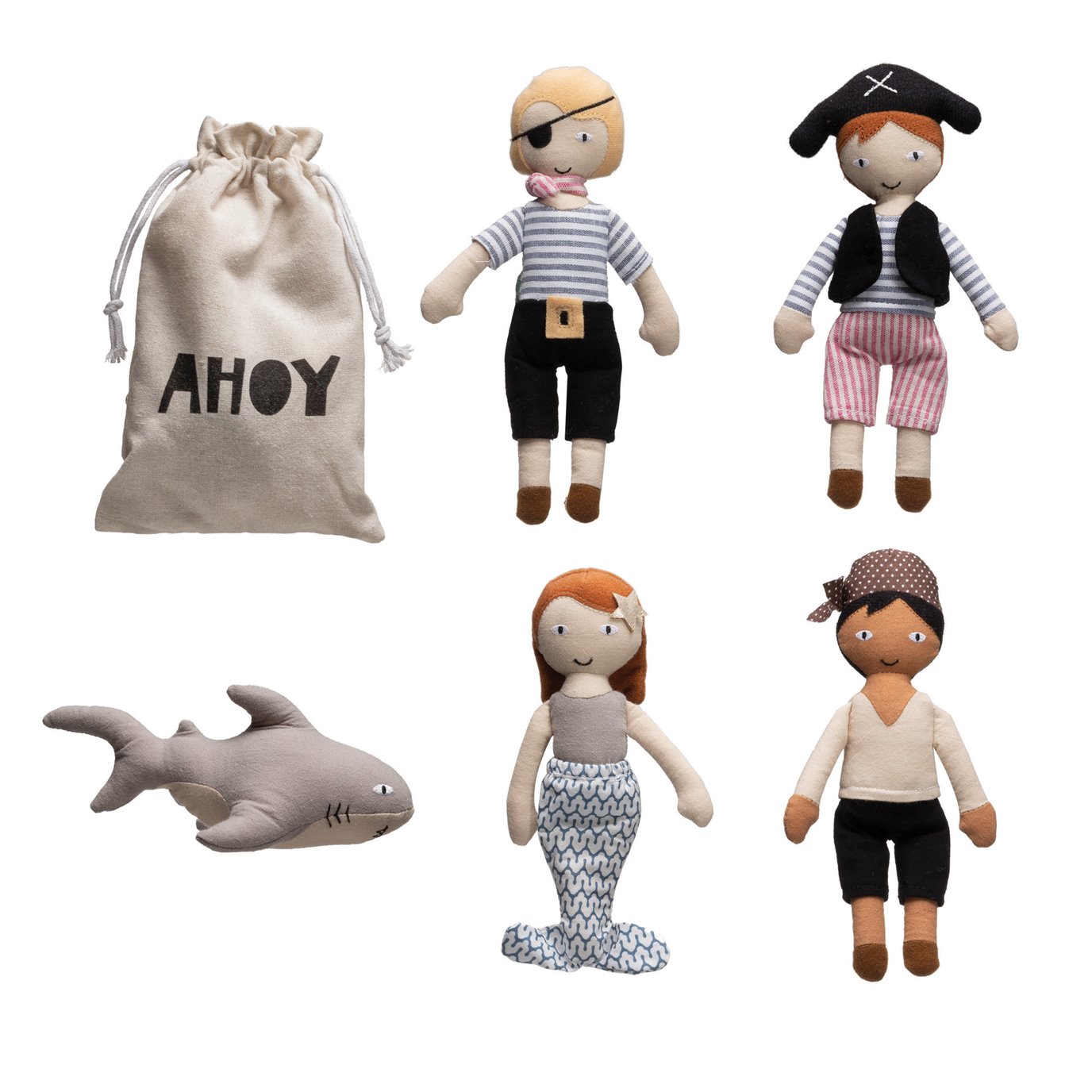 Cotton Pirate Dolls in Drawstring Bag "AHOY", Set of 5