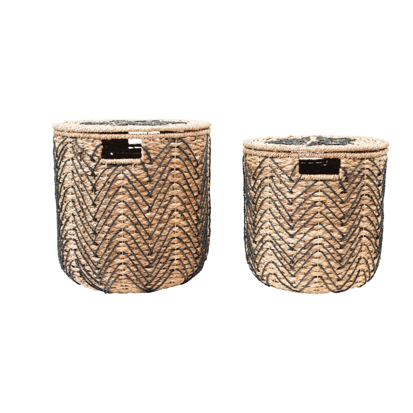 Handmade Woven Bankuan Baskets with Lids, Natural & Black, Set of 2