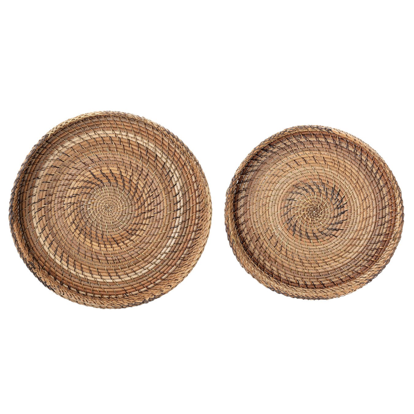 Round Rattan Trays with Black & Brown Stitching & Handles (Set of 2 Pieces)