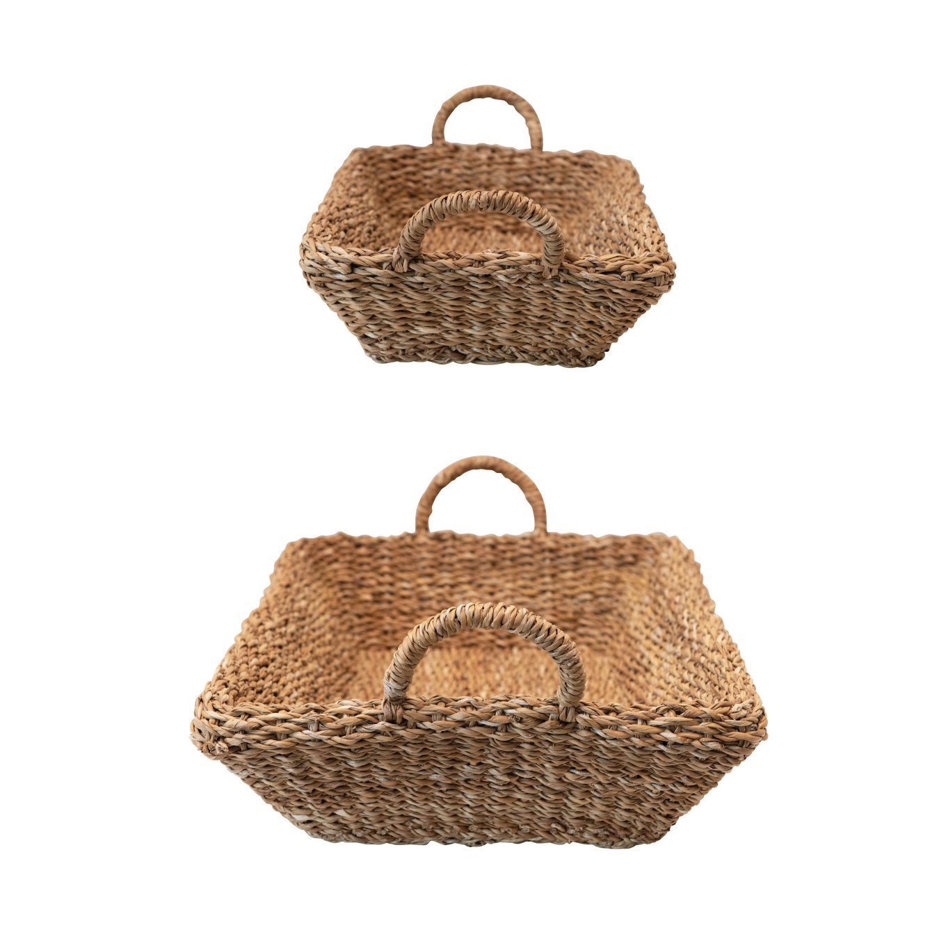 Decorative Hand-Woven Seagrass Double Walled Trays With Handles, Natural, Set of 2