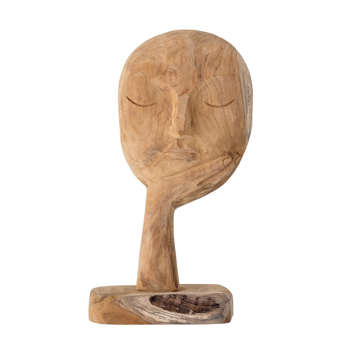 14" Hand-Carved Teak Wood Face Resting on Hand Figurine