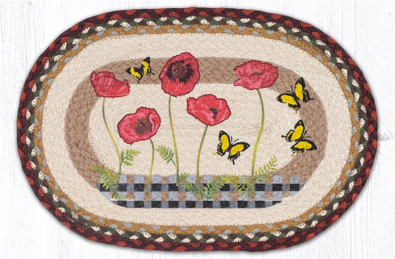Poppies with Black Check Oval Braided Placemat 13"x19"