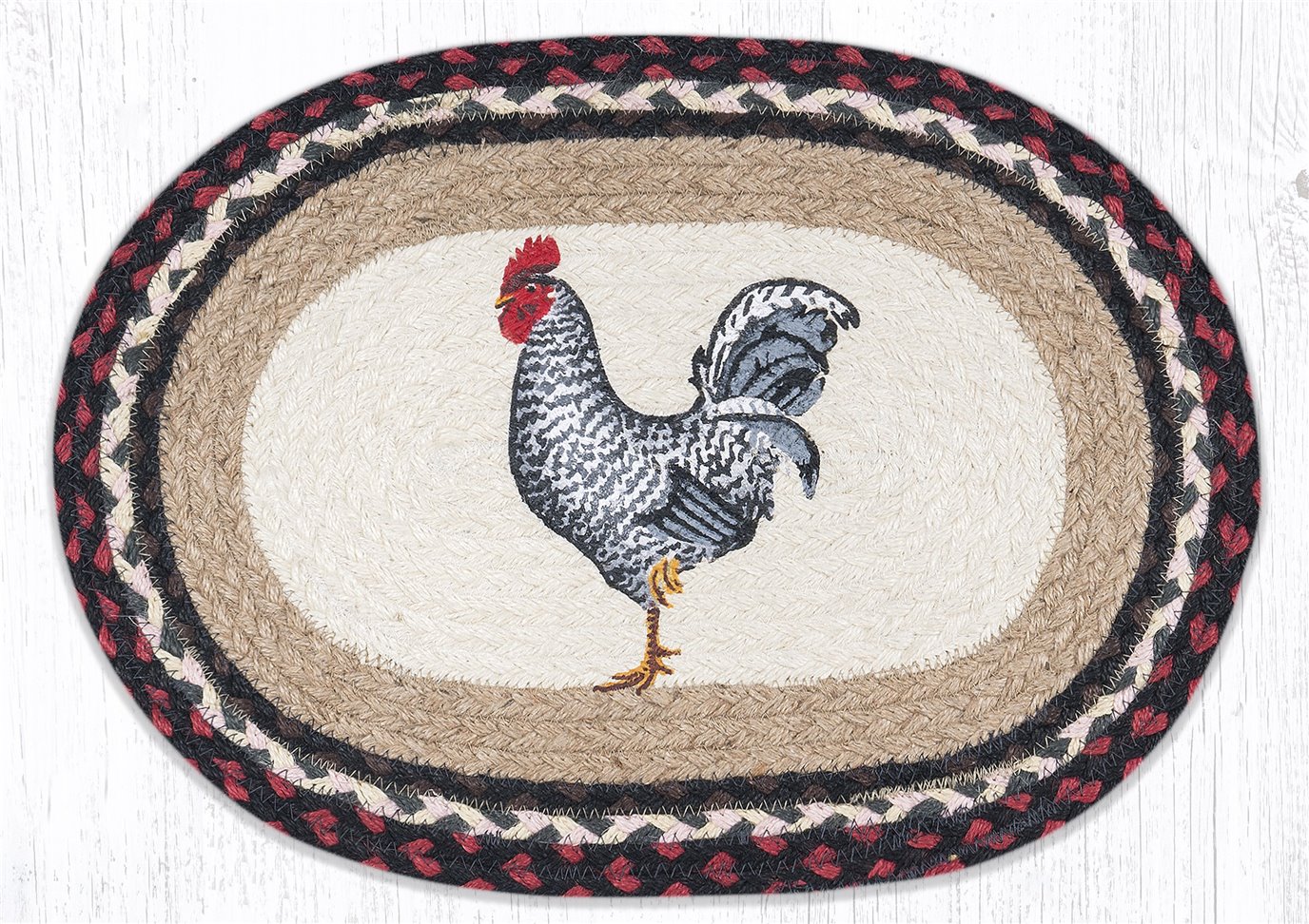 Black & White Rooster Oval Braided Placemat 13"x19"