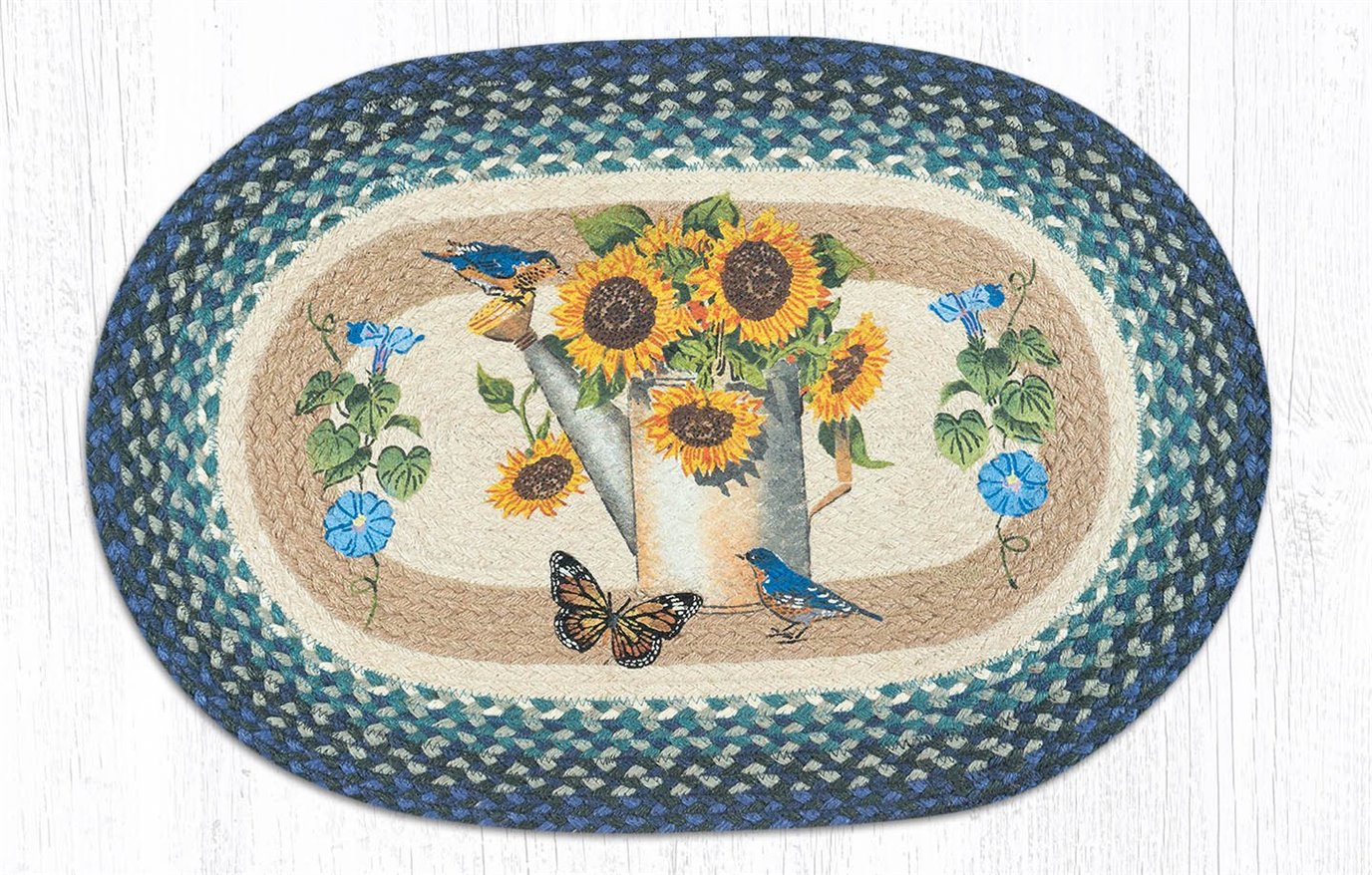 Sunflower Water Can Oval Braided Rug 20"x30"