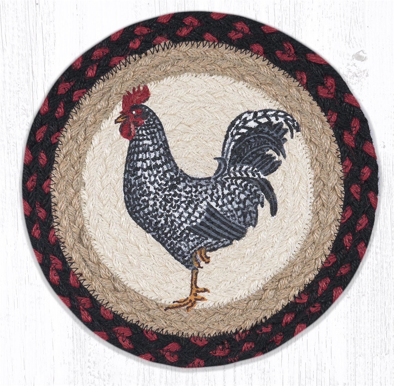 Black & White Rooster Printed Round Braided Trivet 10"x10"