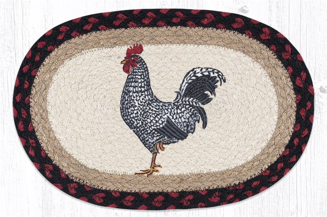 Black & White Rooster Printed Oval Braided Swatch 10