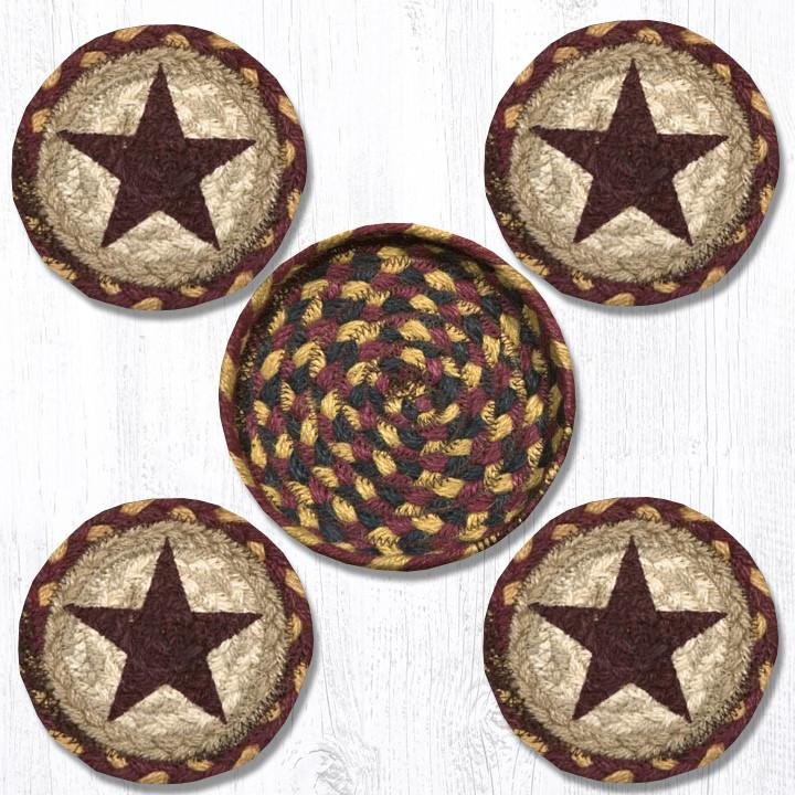 Burgundy Star Braided Coasters in a Basket 5"x5" Set of 4