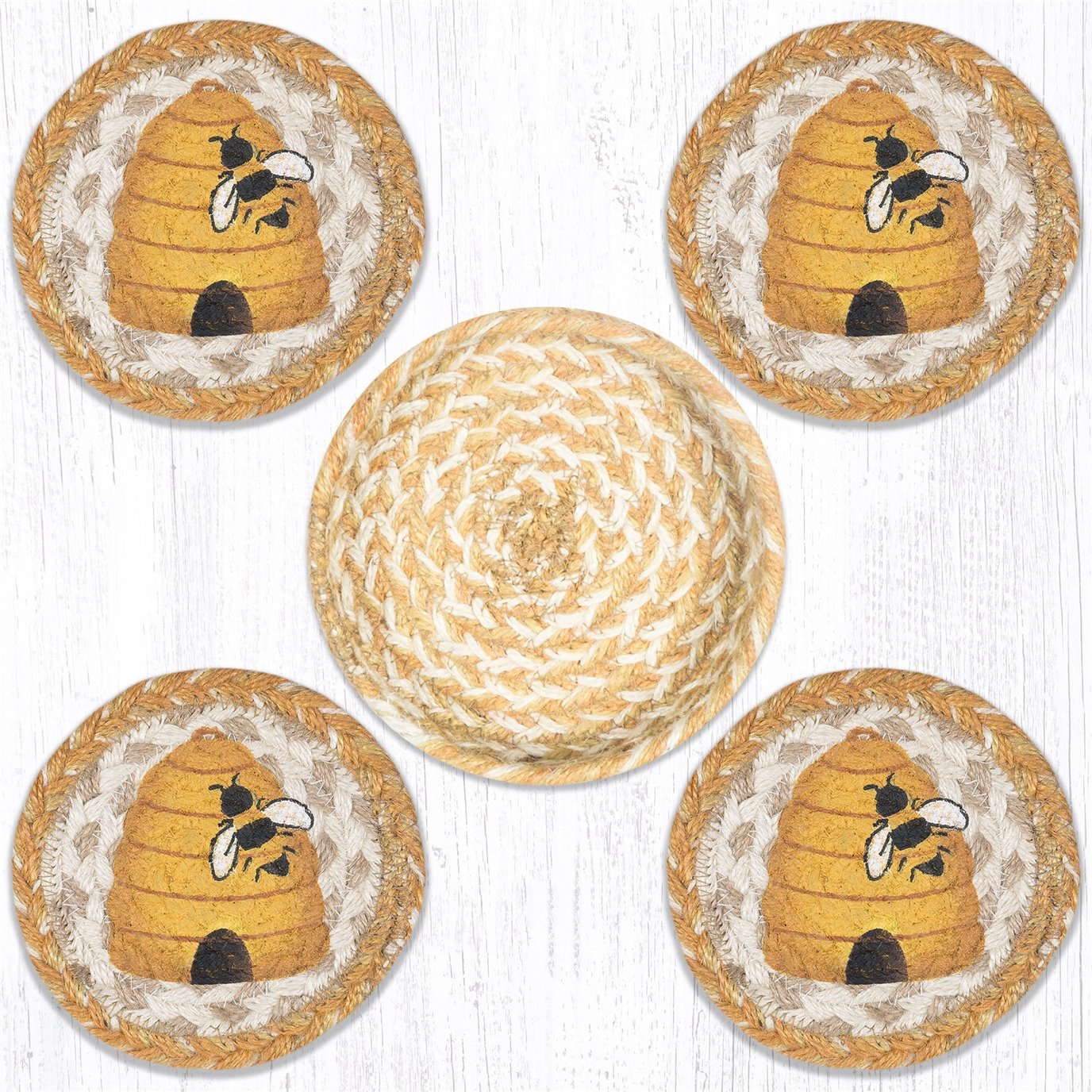 Beehive Braided Coasters in a Basket 5"x5" (Set of 4)