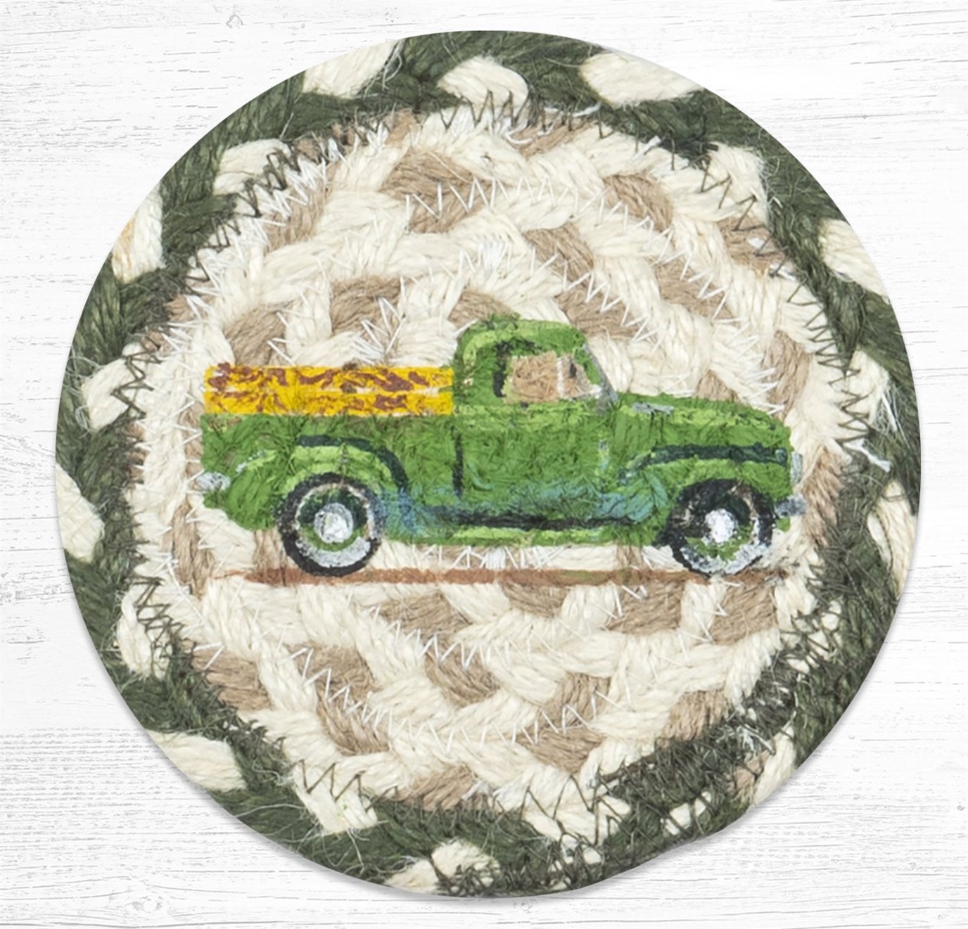 Vintage Green Truck Printed Braided Coaster 5"x5" Set of 4