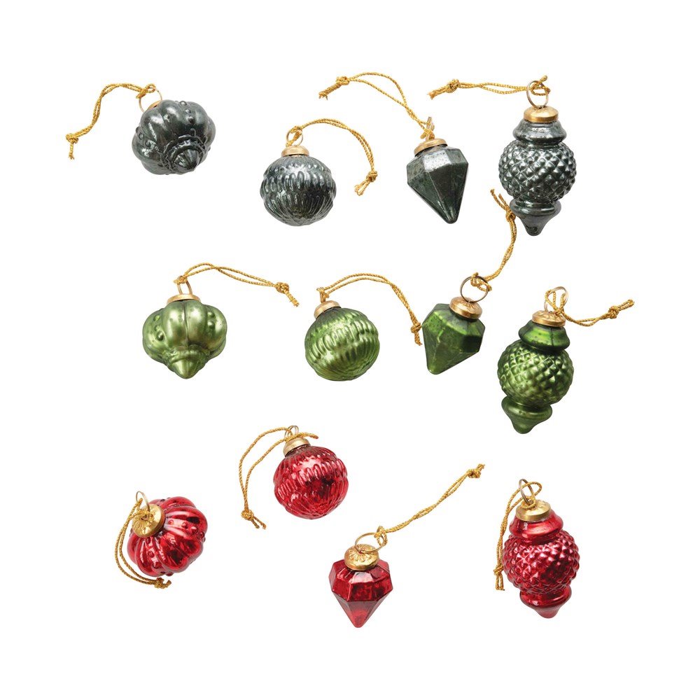 Red and Green 2" Glass Ornaments Set of 12 Assorted